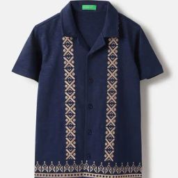 United Colors of Benetton Boys Blue Regular Fit Cuban Collar Embroidered Shirt-image-33