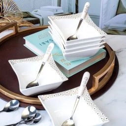 White Gold White Porcelain 6 Snack Bowl Set & 6 Spoons Set-13