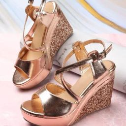 Iconics Women's Rose Gold Cross Strap Wedges-25
