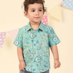 Fabindia Infant Boys Teal Cotton Floral Shirt-image-10
