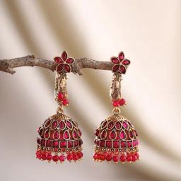 Priyaasi Floral Ruby Stoned Jhumki Earrings-2