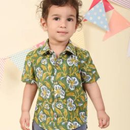 Fabindia Infant Boys Green Cotton Floral Shirt-image-84