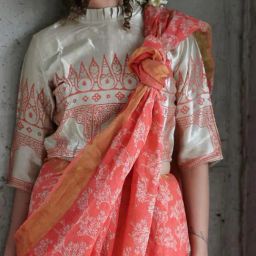 Chidiyaa Ivory & Coral Printed Frill Neck Blouse-picture-10