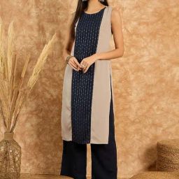 Ziyaa Beige & Navy Printed Straight Kurta-image-29