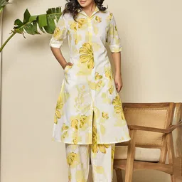 SHRIZA Floral Printed Shirt Collar Pure Cotton Straight Kurta With Palazzos-picture-3
