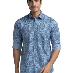 ColorPlus Blue Tailored Fit Printed Shirt-image-19