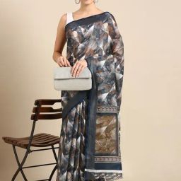 Kalyan Silks Blue Linen Printed Saree With Unstitched Blouse-picture-11