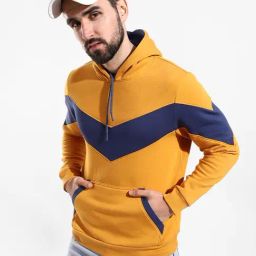 Campus Sutra Mustard & Blue Cotton Regular Fit Colour Block Hooded Sweatshirt-picture-45