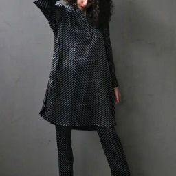 Chidiyaa Black Stripe Handprinted Mashru Silk Kurta Set-image-77