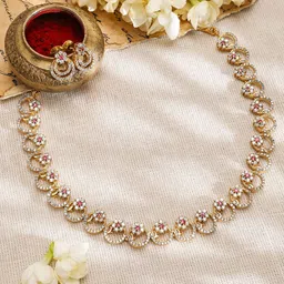 Rubans 22K Gold-Plated Cubic Zirconia & Pink Stone Studded Necklace with Matching Earrings-67