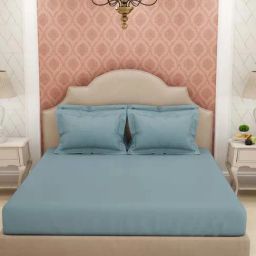 Spaces Light Blue Cotton 600 TC King Bed Sheet With Pillow Covers-16
