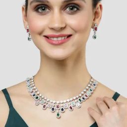 Karatcart Silver Toned Multicolor American Diamond and CZ Studded Jewellery Set for Women-10