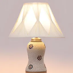 Devansh White Textured Wooden Frustum Shaped Table Lamp With Mosaic Glass Base-34
