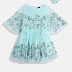 Allen Solly Junior Sequin Floral Cape Sleeve Net A-Line Dress-picture-29