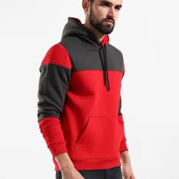 Campus Sutra Red & Black Cotton Regular Fit Colour Block Hooded Sweatshirt-10