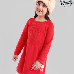 Babyoye Full Sleeves Cable Knit Woolen Dress - Red-image-25