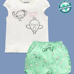 Babyoye Eco Conscious Anti Bacterial 100% Cotton Cap Sleeves Night Suit Bird Embroidery - White & Green-image-4