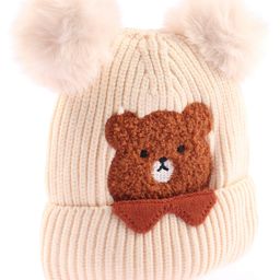 Babyhug Woollen Cap With Bear Face Applique - Beige-image-44
