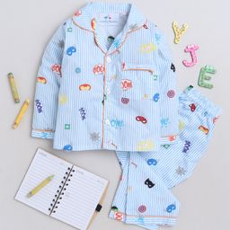 Knitting Doodles Premium Cotton Full Sleeves Boom Printed & Striped Pattern Coordinating Night Suit - Blue & White-image-92