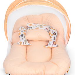 Baybee Cotton Bedding Set For New Born Baby With Mattress Mosquito Net with Zip Closure Neck Pillow & 2 Bolsters Baby Sleeping Bag Combo Gadda set - (Light Orange)-10