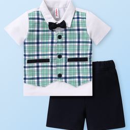 Babyhug Half Sleeves Checks T-Shirts with Shorts Set - Navy Blue-0