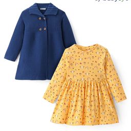 Babyoye Cotton Knit Full Sleeves Floral Printed Frock with Woolen Jacket - Yellow & Navy Blue-image-16
