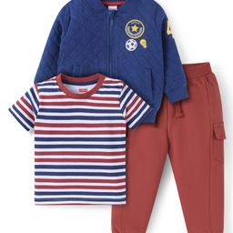 Babyhug Terry Knit Full Sleeves Front Open Sweatshirt & Lounge Pant Set with Striped T-Shirt Ball Patch - Red & Navy-image-99
