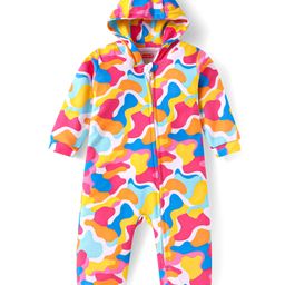 Babyhug 100% Cotton Knit Full Sleeves Printed Hooded Front OpenRomper - Pink Yellow & Red-image-2
