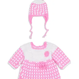 Windrop Solutions Wool Full Sleeves Crocheted Floral Designed Sweater With Cap - Pink-picture-24