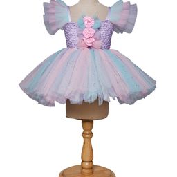 TINY MINY MEE Half Frilled Sleeves Floral Applique & Smock Detailed & Glitter Printed Dress - Multi Colour-image-42