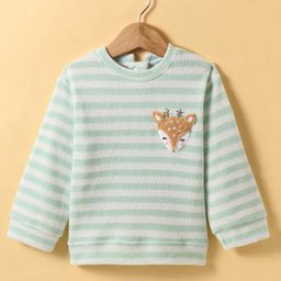 Little Kangaroos Fleece Knit Full Sleeves Winter T-Shirts With Reindeer Embroidery -Light Blue-picture-5