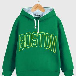 KUCHIPOO Fleece Full Sleeves Boston Text Printed Hoodie - Green-picture-38