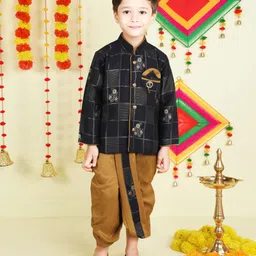 Jeet Ethnics Full Sleeves Floral Foil Printed Window Pane Checked Kurta With Dhoti Set - Navy Blue-picture-4