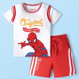 Babyhug Marvel Single Jersey Knit Half Sleeves T-Shirt & Shorts Set with Spiderman Graphics - White & Red-image-41