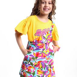 Ollington St. Sinker Knit Frill Sleeves T-Shirt & Pinafore with Text & Abstract Print - Yellow & Purple-image-76