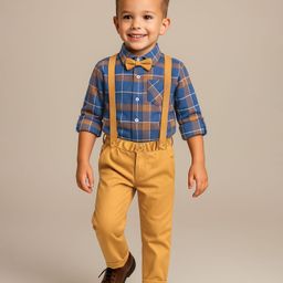 Babyhug Cotton Woven Full Sleeves Checkered Shirts and Trousers Set With Attached Bow & Suspender - Blue & Yellow-image-50