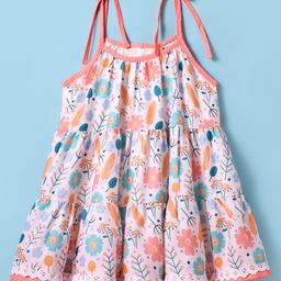 Dew Drops Cotton Woven Singlet Sleeves Frock with Floral Print - Peach-image-4