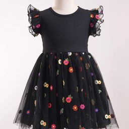 Mark & Mia Cotton Woven Frill SleevesFloral Embroidered Party Dress - Black-image-35