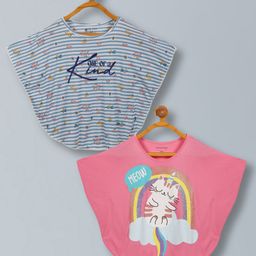 Plum Tree Viscose Pack Of 2 Half Batwing Sleeves One Of A Kind Text & Cat Printed Poncho Tops - White Blue & Pink-image-92