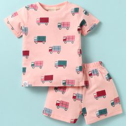 Ollypop Sinker Knit Half Sleeves Shorts Co-Ord Night Suit With Truck Print - Baby Pink-image-72