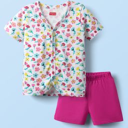 Babyhug Single Jersey Knit Half Sleeves Top & Bottom Set With Floral Print - White & Pink-picture-13