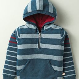 Yellow Apple Knitted Full Sleeves Hooded Striped Pullover Sweater With Kangaroo Pockets - Blue-image-27