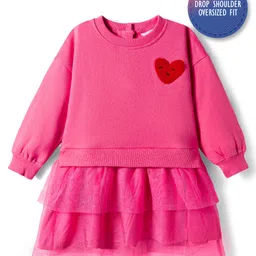 Bonfino 100% Cotton French Terry Full Sleeves Oversized Drop Waist Dress with Heart Embroidery & Mesh Layers - Dark Pink-picture-7