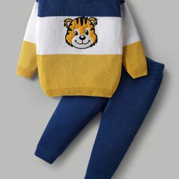 Babyhug Knit Full Sleeves Pullover Sweater Set with Tiger Patch & Color Block Detailing - Navy Blue White & Yellow-picture-19