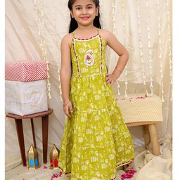 KID1 Cotton Woven Sleeveless Elephant Printed Gota Lace Embellished Long Dress - Green-image-2