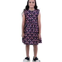 Tilism Cotton Knit Frill Sleeves Flamingos Printed Dress - Navy Blue-image-32