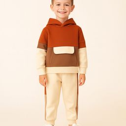 Aww Hunnie Terry Knit Full Sleeves Colour Blocked Hooded Sweatshirt With Coordinating Joggers Set - Rust-picture-17