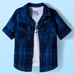 Ruff 100% Cotton Woven Full Sleeves Tartan Checks Shirt with Front Pockets & Inner T-Shirt - Navy Blue-picture-48