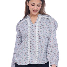 Moda Elementi Women Floral Printed Lace-Up Mandarin Collar Cotton Top-image-24