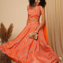 Globus Paisley Printed Sequinned Lehenga With Blouse and Dupatta-image-22